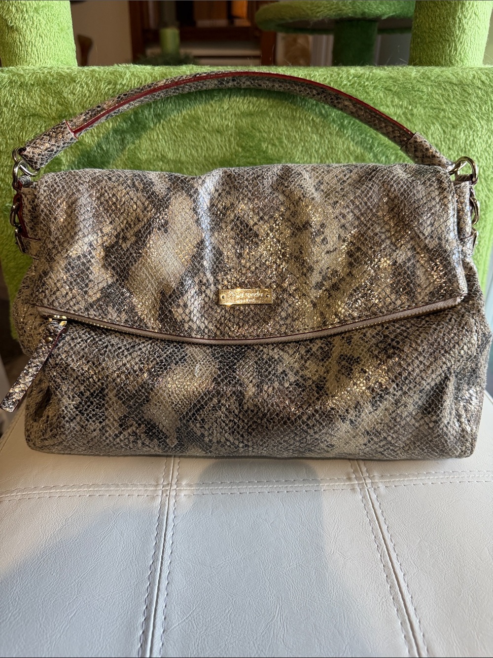 kate spade Metallic Snake-Print Shoulder Bag in Taupe and Gray